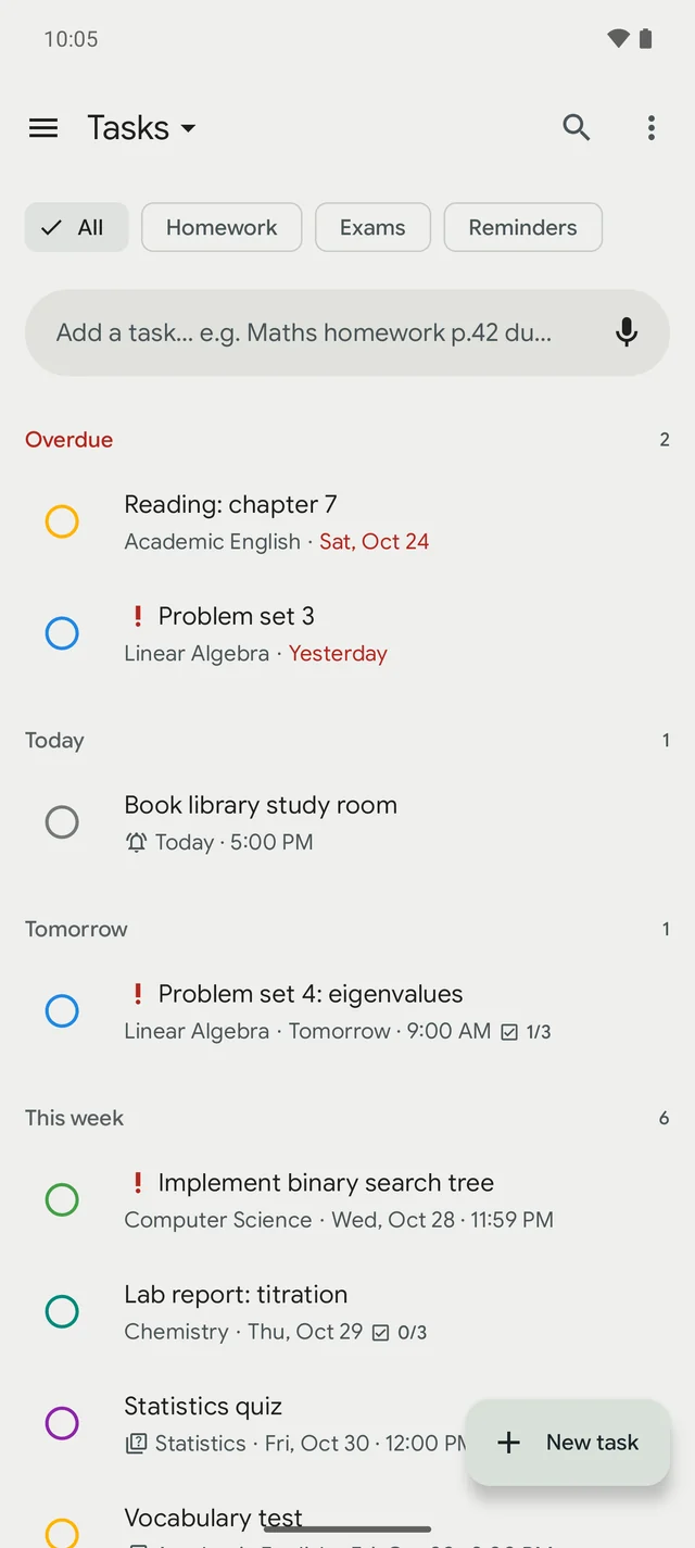 HalfPast homework list grouped into overdue, today, tomorrow and this week