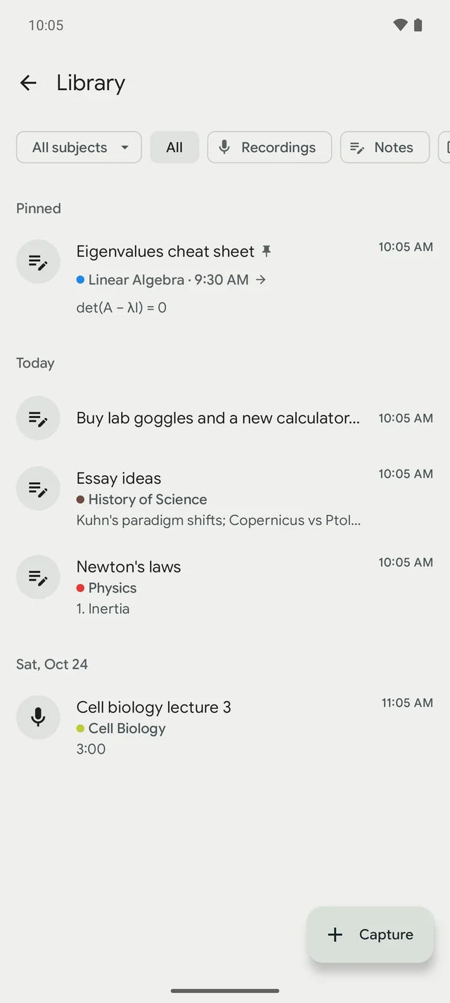 HalfPast library with pinned notes and a lecture recording